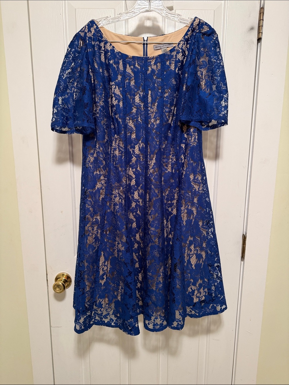 Blue Lace Fit-and-Flare Dress with Puff Sleeves